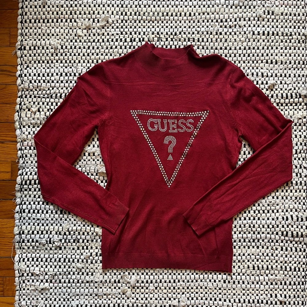 Guess Rhinestone & Stud Mock Neck Long Sleeve Sweater